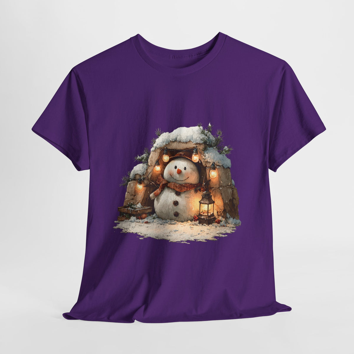 Cozy Lantern Snowman Shirt - Rustic Christmas Snowman with String Lights Tee, Winter Cabin Aesthetic T-Shirt, Cute Holiday Gift