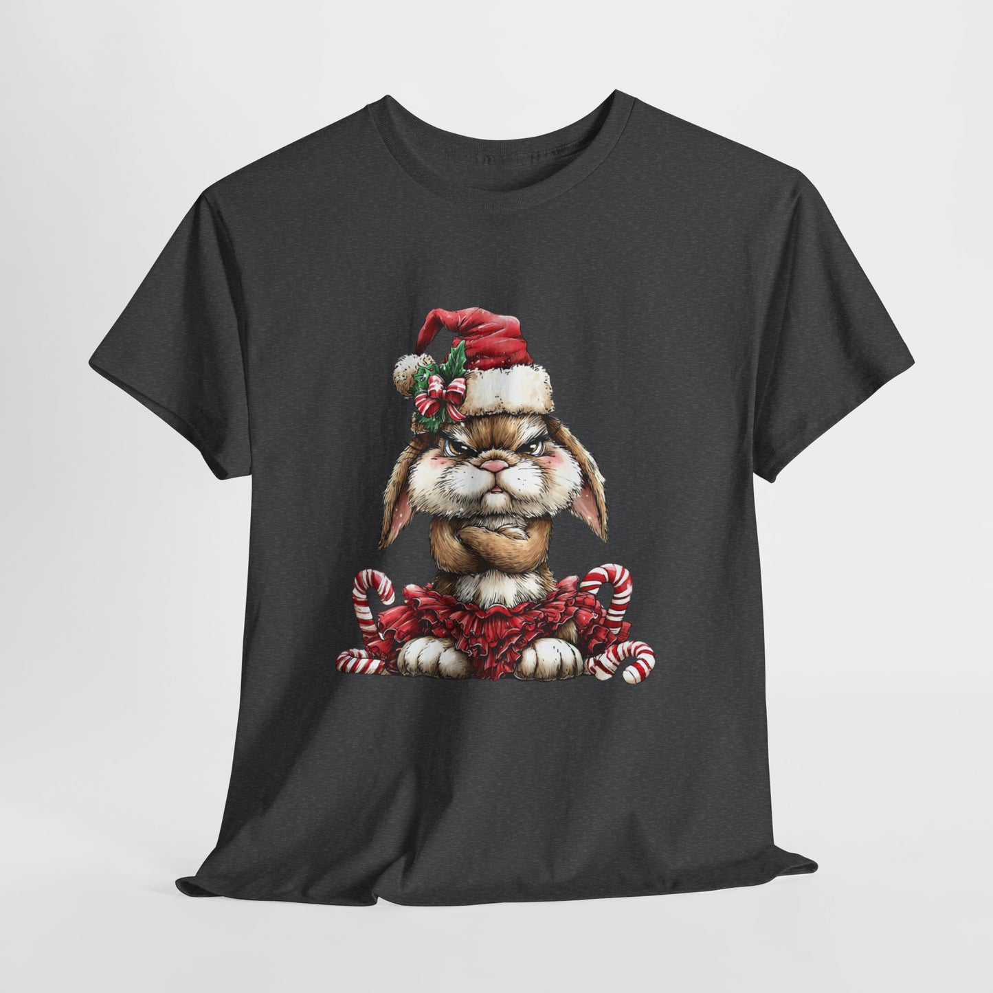 Grumpy Christmas Bunny Shirt - Funny Santa Hat Rabbit in Red Tutu Tee, Candy Cane Holiday T-Shirt, Cute Sarcastic Gift for Women & Men