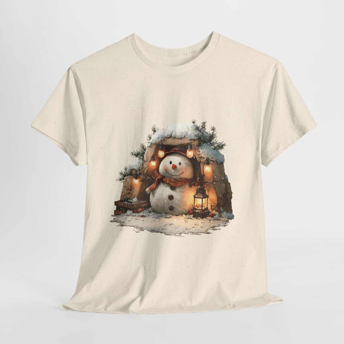 Cozy Lantern Snowman Shirt - Rustic Christmas Snowman with String Lights Tee, Winter Cabin Aesthetic T-Shirt, Cute Holiday Gift