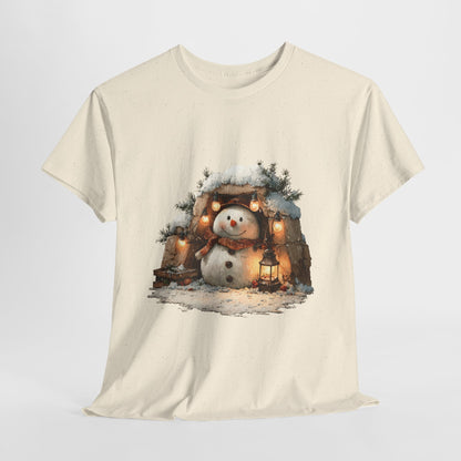 Cozy Lantern Snowman Shirt - Rustic Christmas Snowman with String Lights Tee, Winter Cabin Aesthetic T-Shirt, Cute Holiday Gift