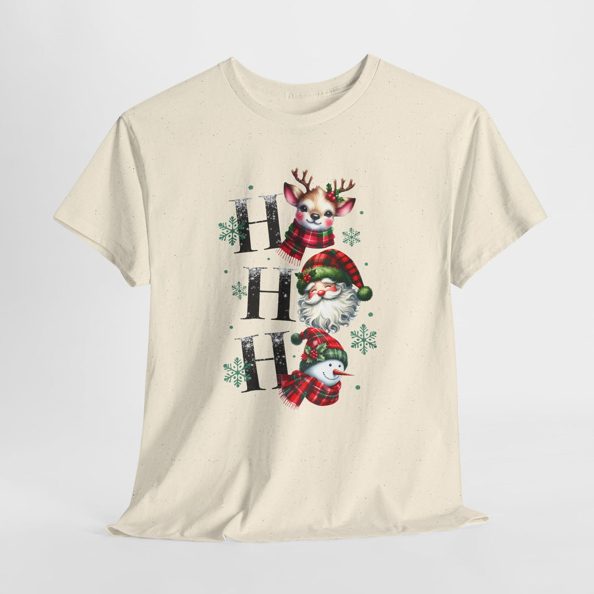Ho Ho Ho Christmas Shirt - Cute Reindeer, Santa & Snowman Tee, Tartan Plaid Holiday T-Shirt with Snowflakes, Festive Family Matching Gift