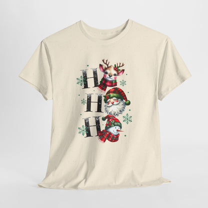 Ho Ho Ho Christmas Shirt - Cute Reindeer, Santa & Snowman Tee, Tartan Plaid Holiday T-Shirt with Snowflakes, Festive Family Matching Gift