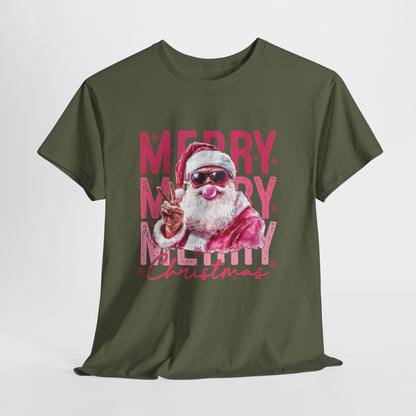 Cool Santa Bubblegum Shirt - Pink Merry Christmas Aesthetic Tee, Retro Peace Sign Santa T-Shirt, Funny Holiday Gift for Women & Men