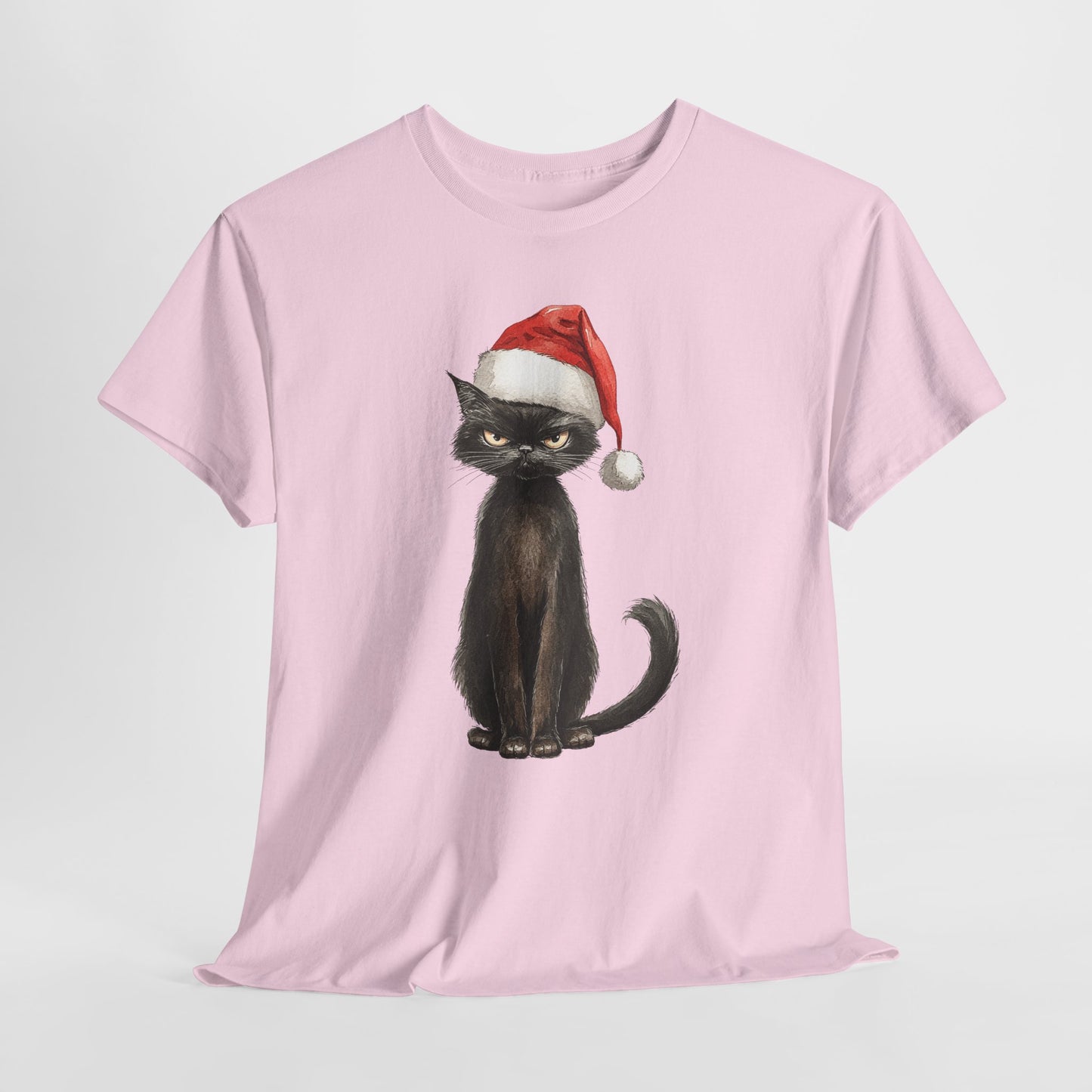 Christmas Black Cat Shirt - Funny Moody Kitty in Santa Hat Tee, Watercolor Holiday T-Shirt, Sarcastic Xmas Gift for Cat Lovers Men & Women