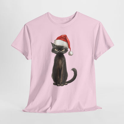 Christmas Black Cat Shirt - Funny Moody Kitty in Santa Hat Tee, Watercolor Holiday T-Shirt, Sarcastic Xmas Gift for Cat Lovers Men & Women