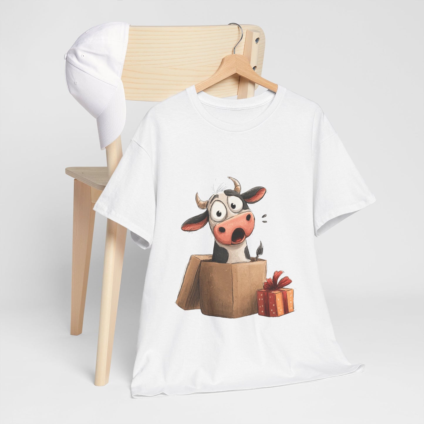 Cow in a Gift Box Shirt - Funny Christmas Surprise Moo Tee, Cute Cartoon Dairy Cow T-Shirt with Present and Bow