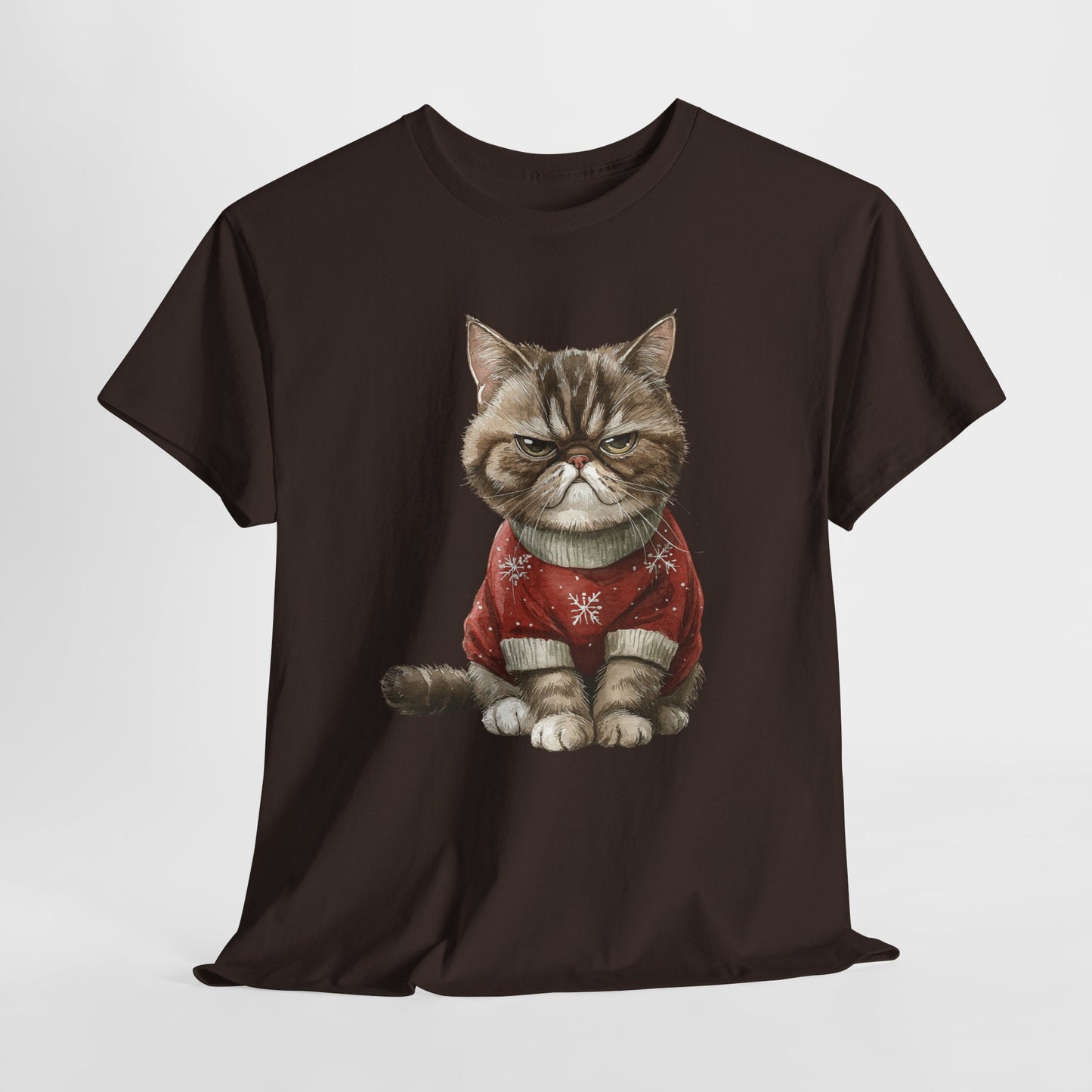 Christmas Grumpy Cat Shirt - Funny Moody Kitty in Red Snowflake Sweater Tee, Cute Winter Watercolor T-Shirt, Holiday Gift for Cat Lovers