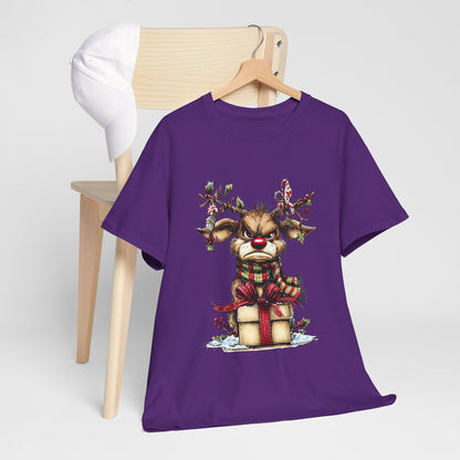 Grumpy Red-Nose Reindeer Shirt - Funny Christmas Reindeer with Gift & Plaid Scarf Tee, Sarcastic Holiday T-Shirt, Cozy Winter Gift