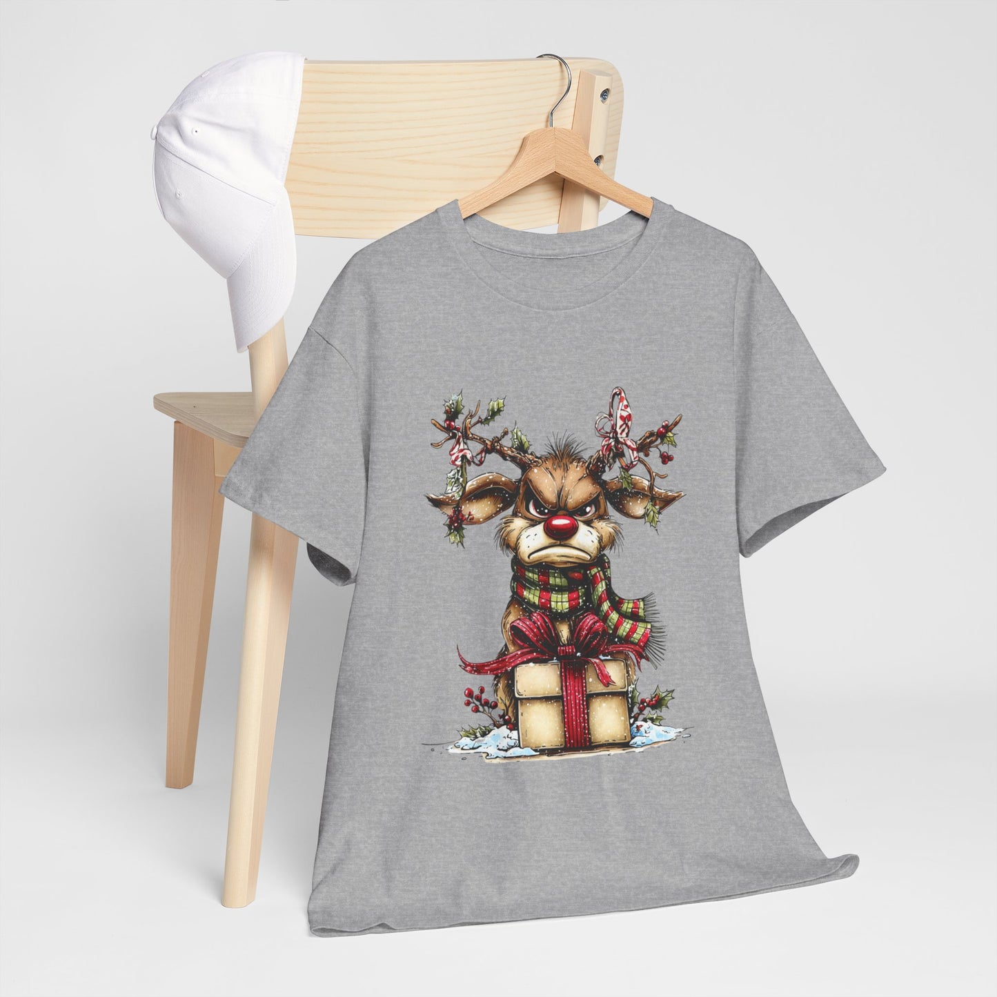 Grumpy Red-Nose Reindeer Shirt - Funny Christmas Reindeer with Gift & Plaid Scarf Tee, Sarcastic Holiday T-Shirt, Cozy Winter Gift