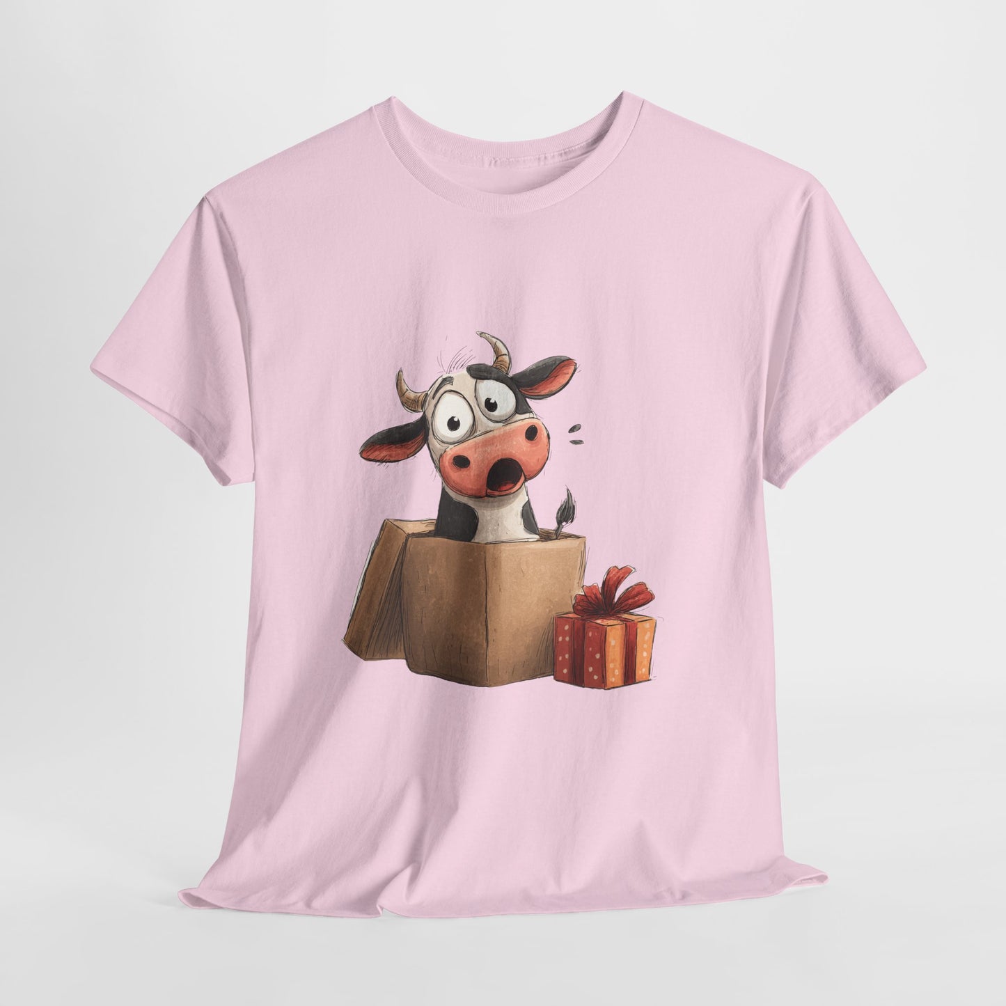 Cow in a Gift Box Shirt - Funny Christmas Surprise Moo Tee, Cute Cartoon Dairy Cow T-Shirt with Present and Bow