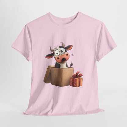 Cow in a Gift Box Shirt - Funny Christmas Surprise Moo Tee, Cute Cartoon Dairy Cow T-Shirt with Present and Bow