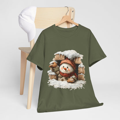 Peeking Snowman Window Shirt - Cute Snowy Brick Window Snowman Tee, Beanie & Scarf Cozy Christmas T-Shirt, Rustic Holiday Gift