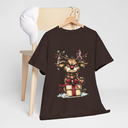 Grumpy Red-Nose Reindeer Shirt - Funny Christmas Reindeer with Gift & Plaid Scarf Tee, Sarcastic Holiday T-Shirt, Cozy Winter Gift