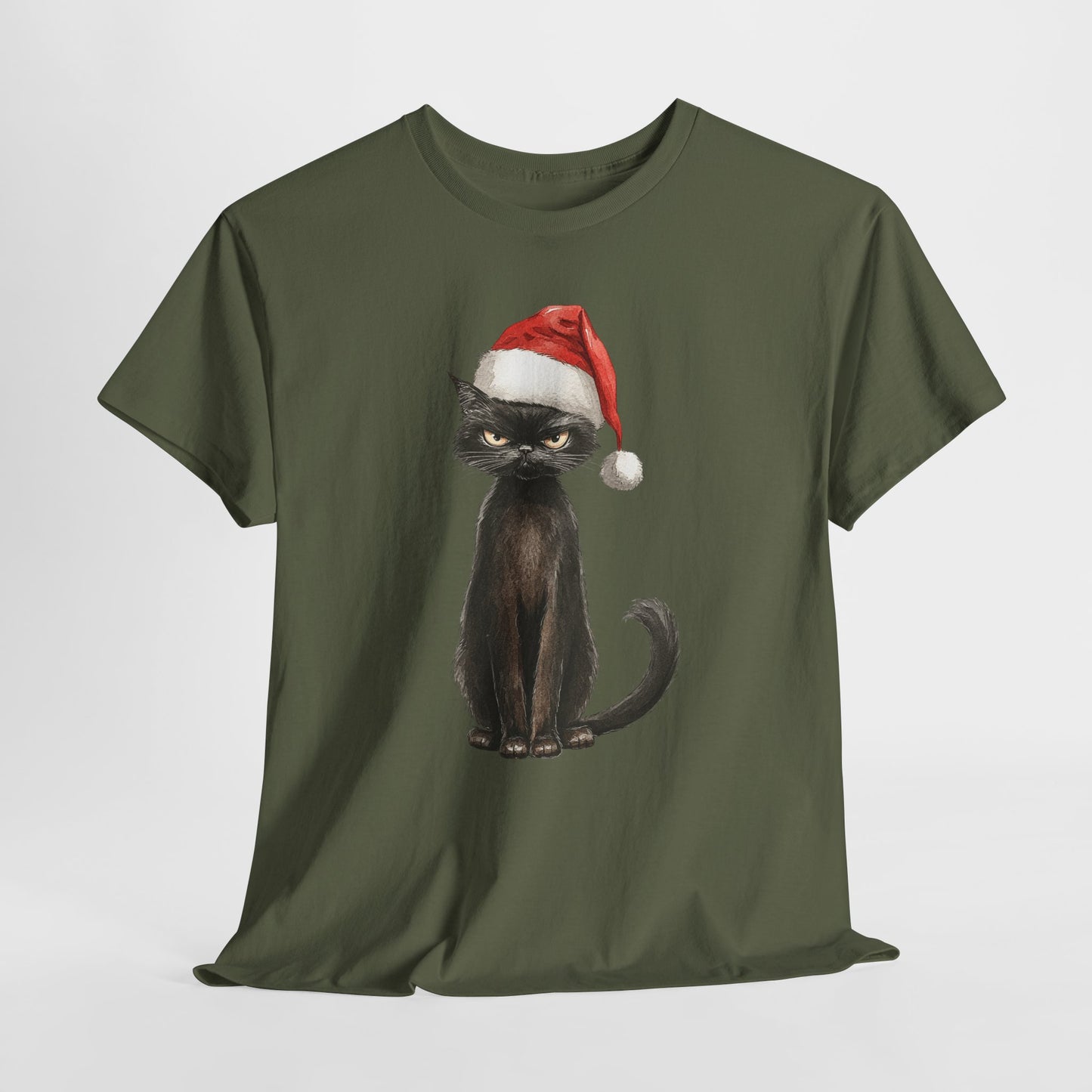 Christmas Black Cat Shirt - Funny Moody Kitty in Santa Hat Tee, Watercolor Holiday T-Shirt, Sarcastic Xmas Gift for Cat Lovers Men & Women
