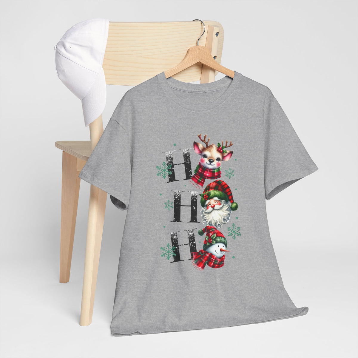 Ho Ho Ho Christmas Shirt - Cute Reindeer, Santa & Snowman Tee, Tartan Plaid Holiday T-Shirt with Snowflakes, Festive Family Matching Gift