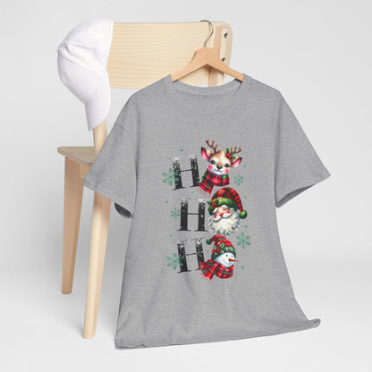 Ho Ho Ho Christmas Shirt - Cute Reindeer, Santa & Snowman Tee, Tartan Plaid Holiday T-Shirt with Snowflakes, Festive Family Matching Gift
