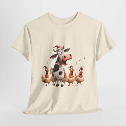 Cow & Chicken Carolers Shirt - Funny Christmas Farm Choir Tee, Singing Santa Hat Animals T-Shirt, Holiday Gift for Men and Women