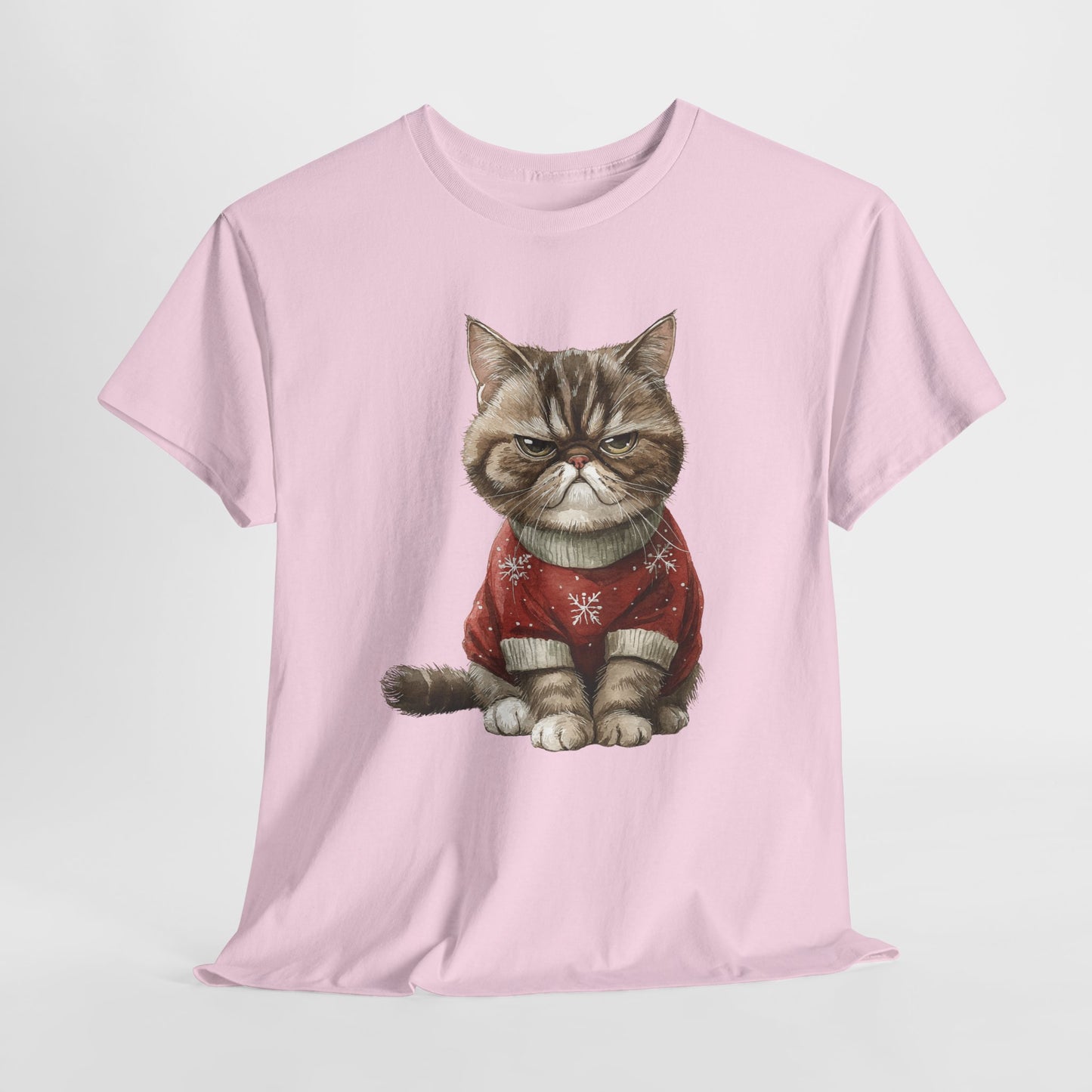 Christmas Grumpy Cat Shirt - Funny Moody Kitty in Red Snowflake Sweater Tee, Cute Winter Watercolor T-Shirt, Holiday Gift for Cat Lovers