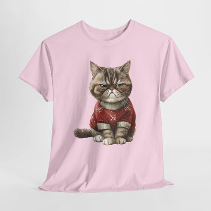 Christmas Grumpy Cat Shirt - Funny Moody Kitty in Red Snowflake Sweater Tee, Cute Winter Watercolor T-Shirt, Holiday Gift for Cat Lovers