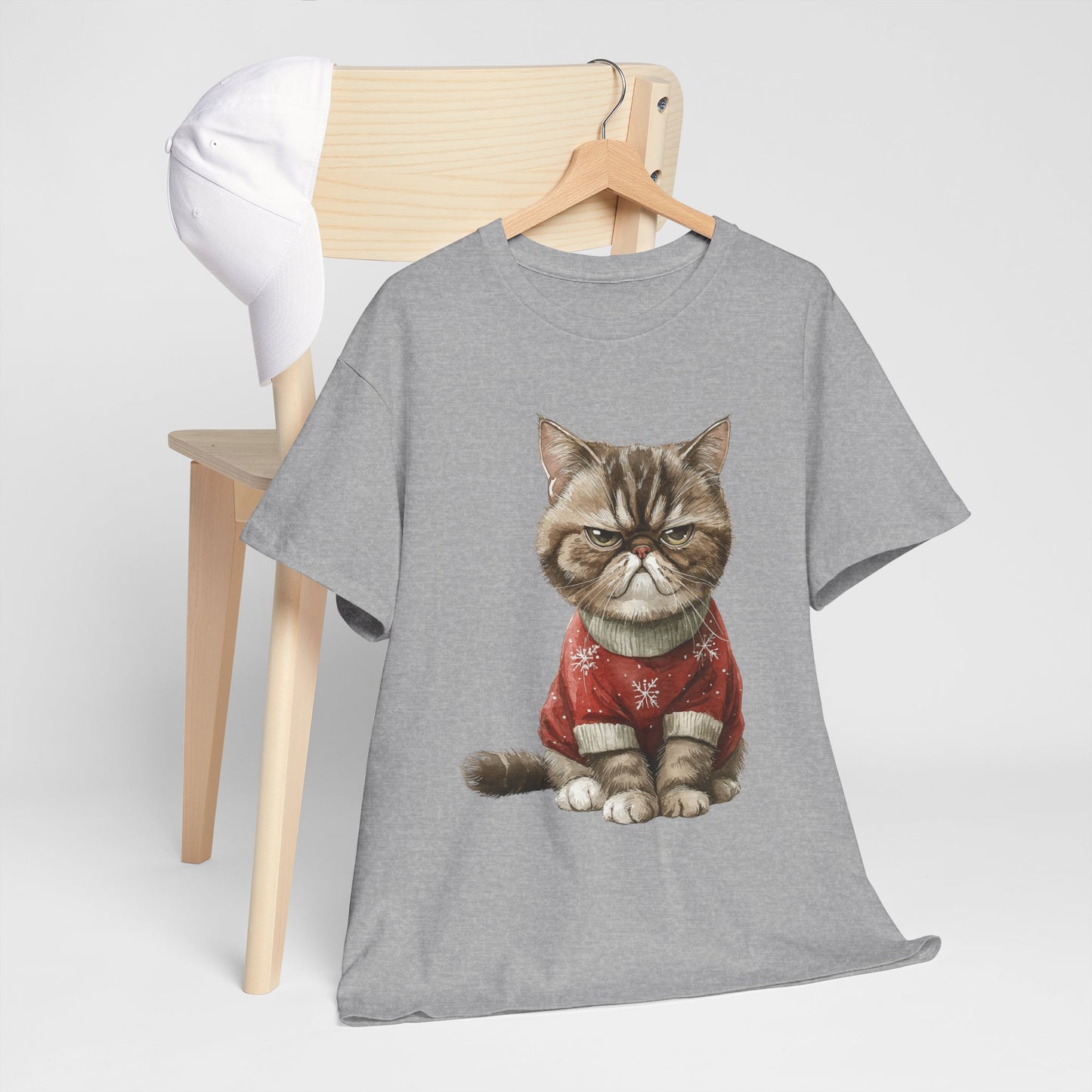 Christmas Grumpy Cat Shirt - Funny Moody Kitty in Red Snowflake Sweater Tee, Cute Winter Watercolor T-Shirt, Holiday Gift for Cat Lovers