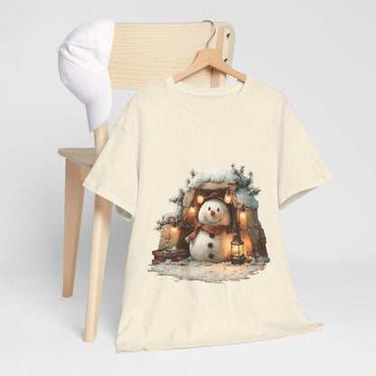 Cozy Lantern Snowman Shirt - Rustic Christmas Snowman with String Lights Tee, Winter Cabin Aesthetic T-Shirt, Cute Holiday Gift