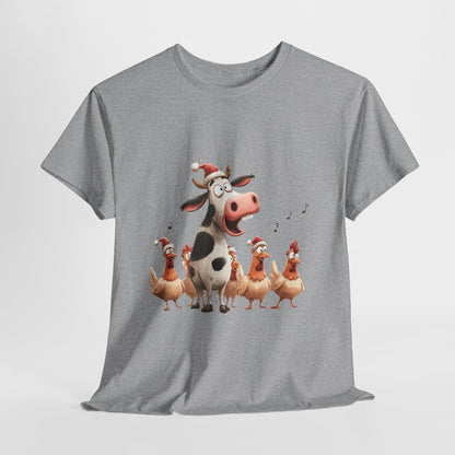 Cow & Chicken Carolers Shirt - Funny Christmas Farm Choir Tee, Singing Santa Hat Animals T-Shirt, Holiday Gift for Men and Women
