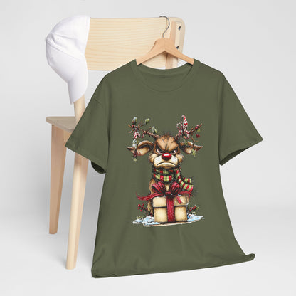 Grumpy Red-Nose Reindeer Shirt - Funny Christmas Reindeer with Gift & Plaid Scarf Tee, Sarcastic Holiday T-Shirt, Cozy Winter Gift