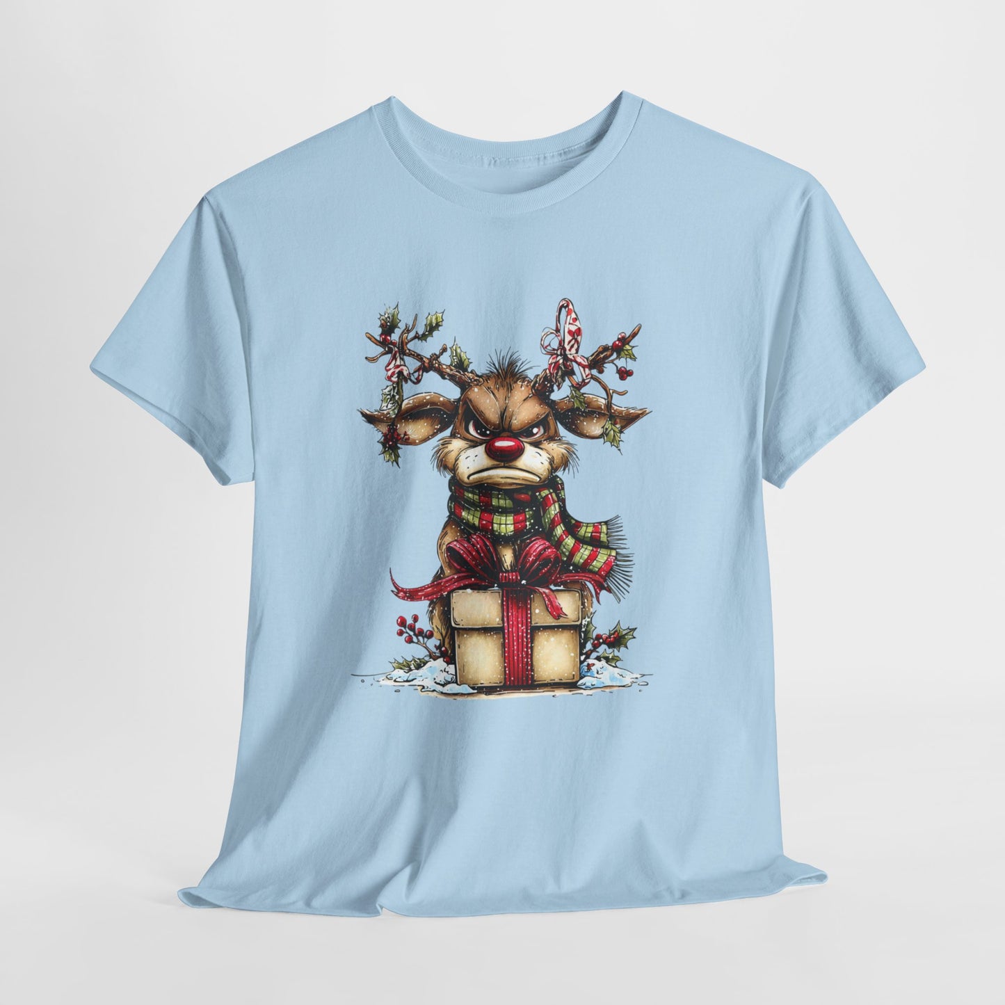 Grumpy Red-Nose Reindeer Shirt - Funny Christmas Reindeer with Gift & Plaid Scarf Tee, Sarcastic Holiday T-Shirt, Cozy Winter Gift