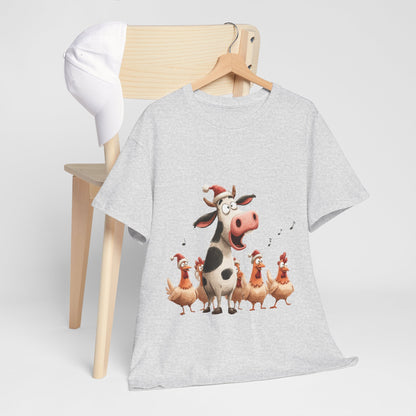 Cow & Chicken Carolers Shirt - Funny Christmas Farm Choir Tee, Singing Santa Hat Animals T-Shirt, Holiday Gift for Men and Women