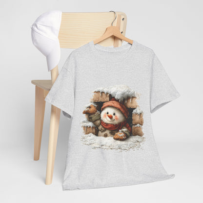 Peeking Snowman Window Shirt - Cute Snowy Brick Window Snowman Tee, Beanie & Scarf Cozy Christmas T-Shirt, Rustic Holiday Gift