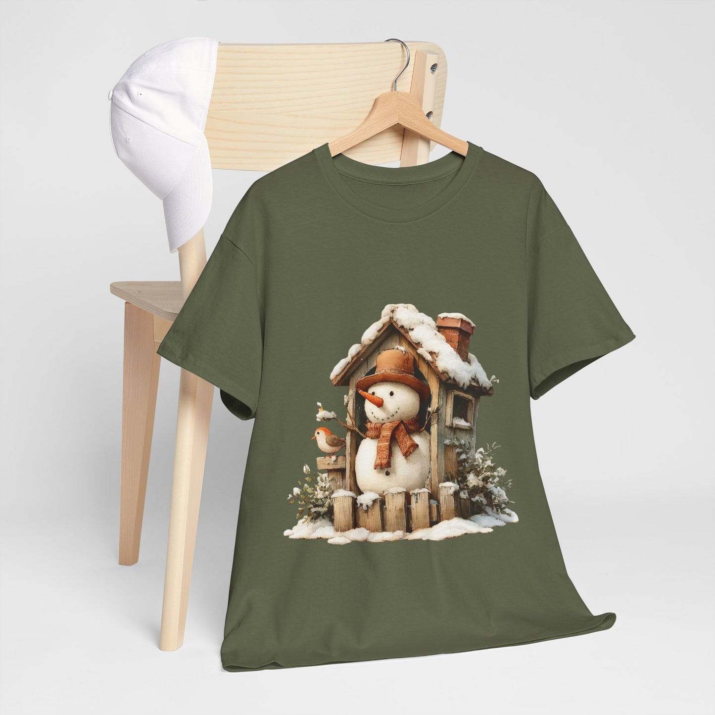 Cabin Porch Snowman Shirt - Rustic Snowman in Little House with Bird Tee, Cozy Winter Christmas T-Shirt