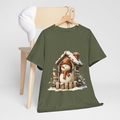 Cabin Porch Snowman Shirt - Rustic Snowman in Little House with Bird Tee, Cozy Winter Christmas T-Shirt