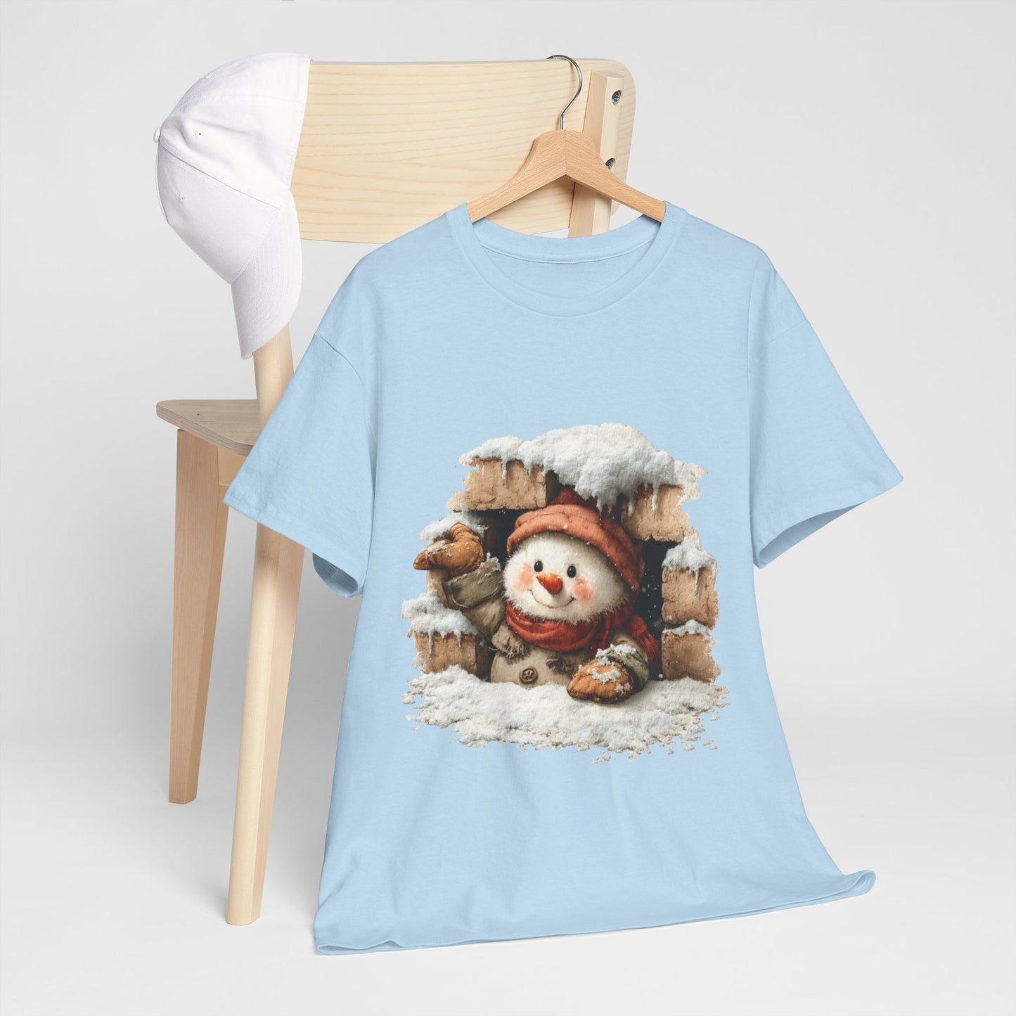 Peeking Snowman Window Shirt - Cute Snowy Brick Window Snowman Tee, Beanie & Scarf Cozy Christmas T-Shirt, Rustic Holiday Gift